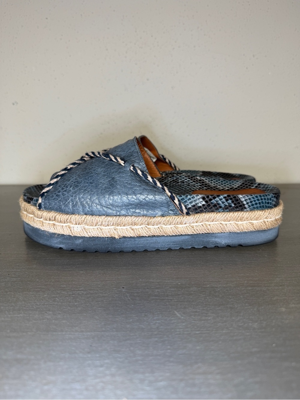 Free People Blue Leather Snakeskin Espadrille Platform Sandals Size 9 Spain - Picture 3 of 11